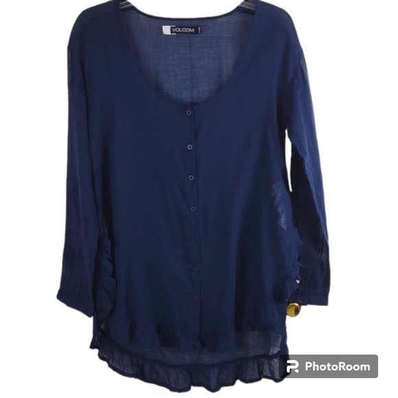 Volcom Blue Sheer Gauzy Hi-Lo Button LS Ruffle Hem Boho Tunic Blouse - Picture 1 of 15
